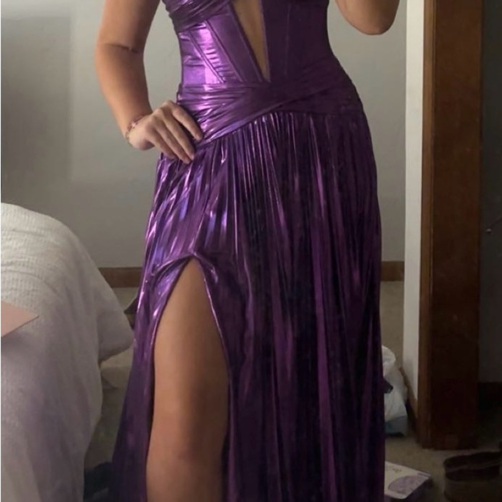 Sherri Hill Metallic Purple Prom Dress with Plunge Neckline and Slit